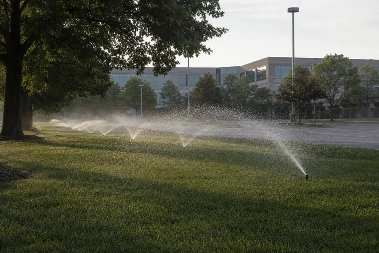 Rotor sprinklers running across a corporate office park lawn at dawn