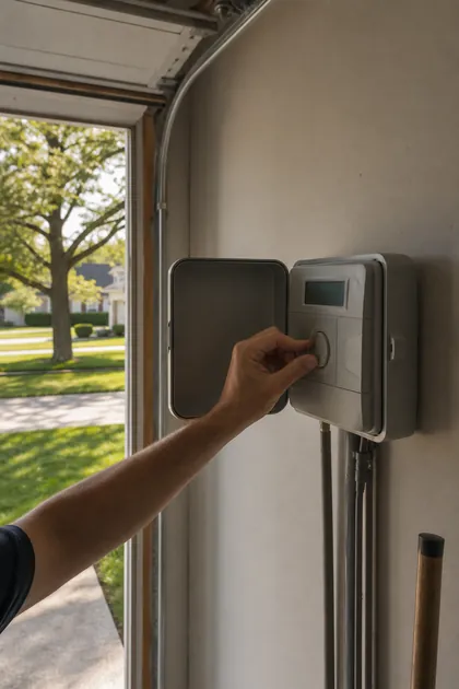 A hand reaching up to an irrigation controller mounted in a garage
