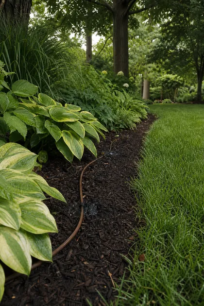 Drip tubing running through mulch at the base of shade plantings