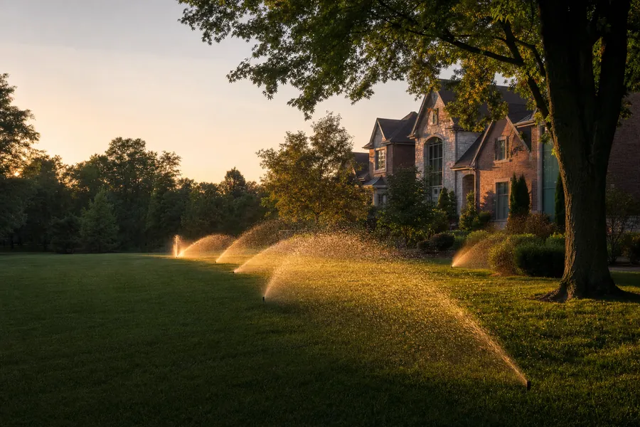 Evening sun behind sprinklers running across a deep suburban lawn