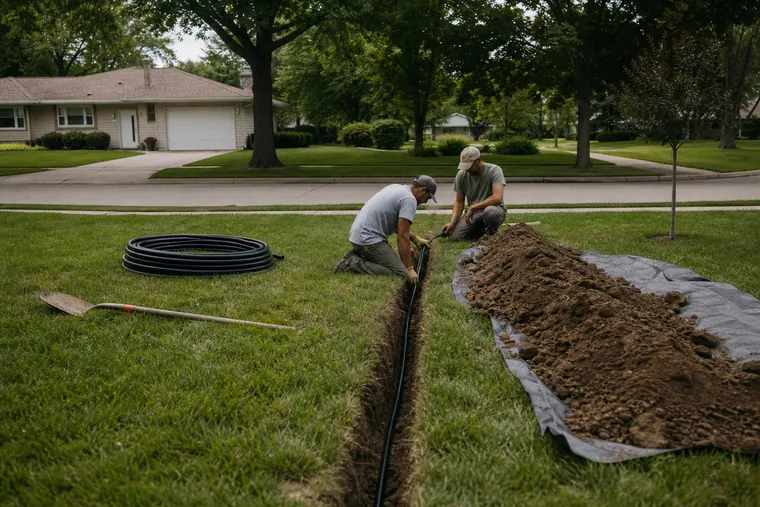 Poly irrigation pipe being laid into a narrow trench across a lawn