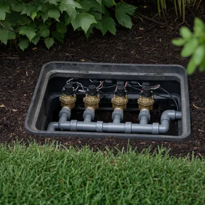 A professionally assembled irrigation valve manifold in an open box