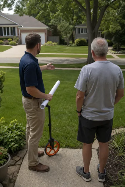 A representative walking a front lawn with a rolled site plan