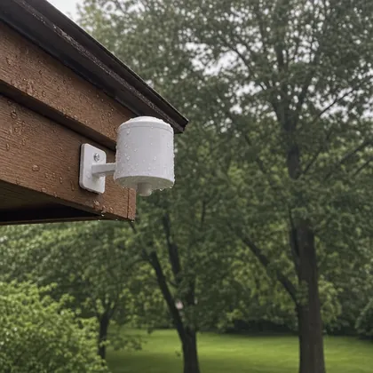 A rain sensor mounted under a roof eave, beaded with rainwater