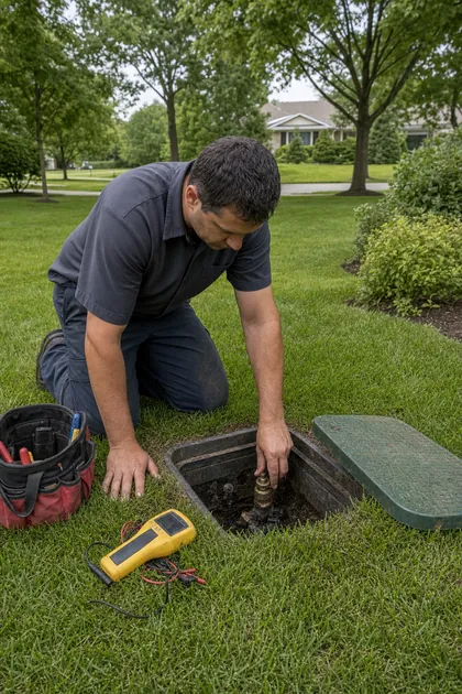 A technician kneeling at an open in-ground valve box on a lawn
