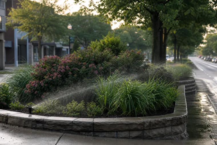 Fine spray irrigation running in a planted boulevard median at first light